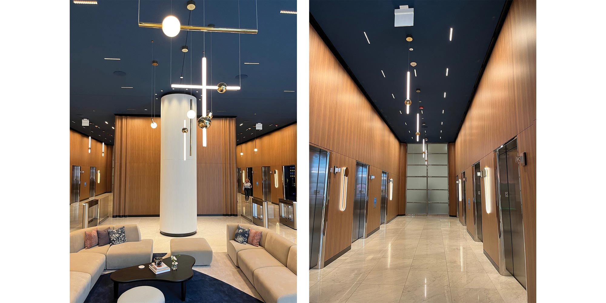 Two photos of the lighting inside the 525 W. Monroe building